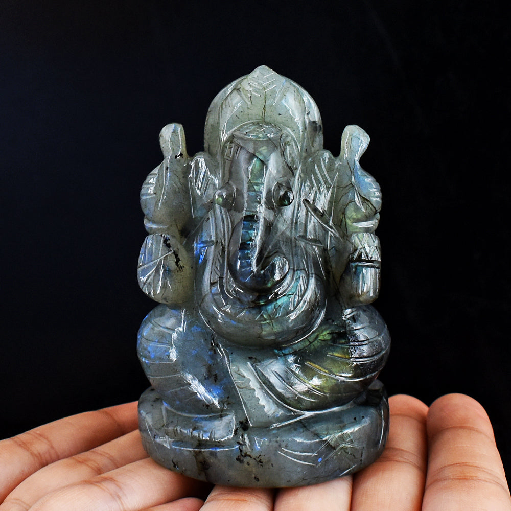 Exclusive 1541.00 Cts  Genuine  Amazing Flash Labradorite Hand Carved Crystal Gemstone Carving Lord Ganesha