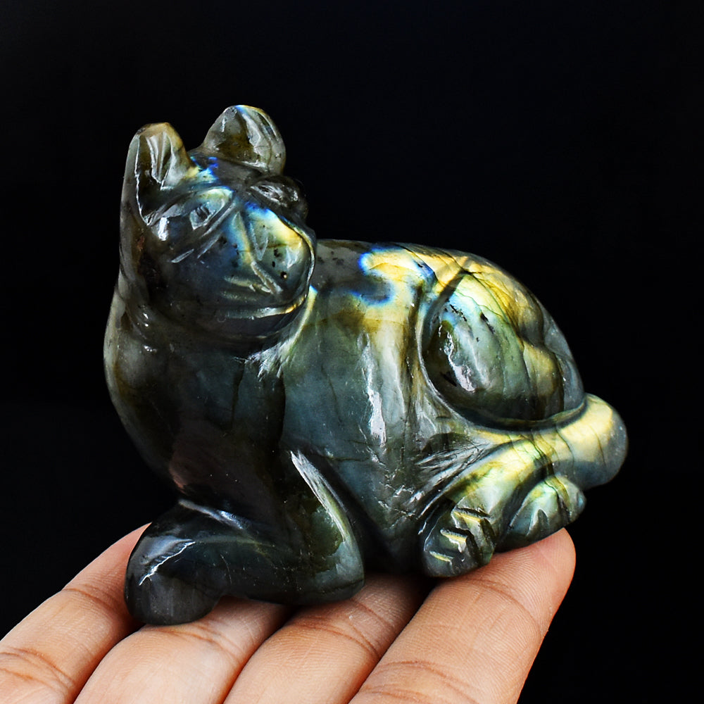 Gorgeous 900.00 Cts Genuine Golden Flash Labradorite Hand Carved Crystal Cat Gemstone Carving