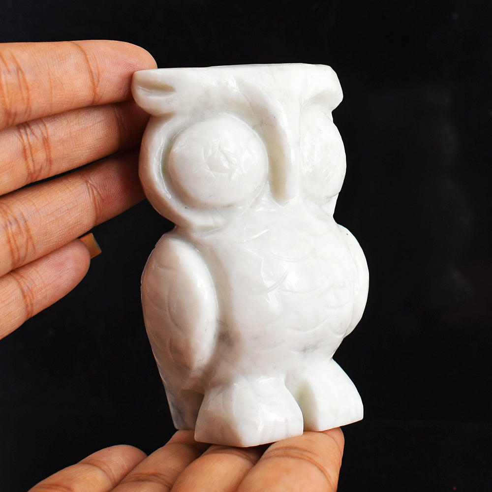 Artisian 1423.00 Cts Genuine Snow Agate  Hand Carved Crystal Gemstone Owl Carving