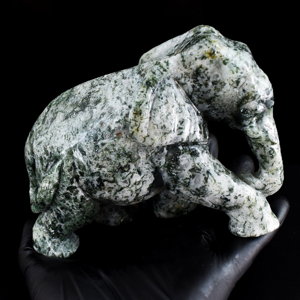Artisian 3989.00 Cts Genuine Moss Agate Hand Carved Gemstone Crystal Elephant Carving