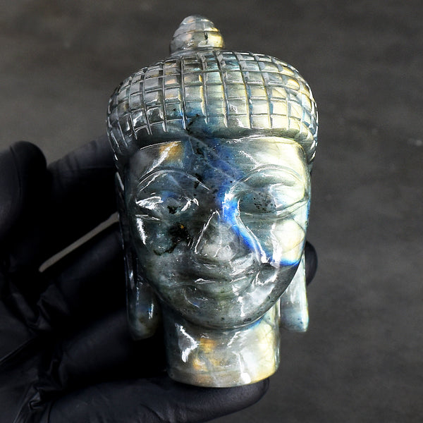 Awesome 1344.00 Cts Genuine Golden & Blue Flash Labradorite Hand Carved Crystal Gemstone Buddha Head Carving