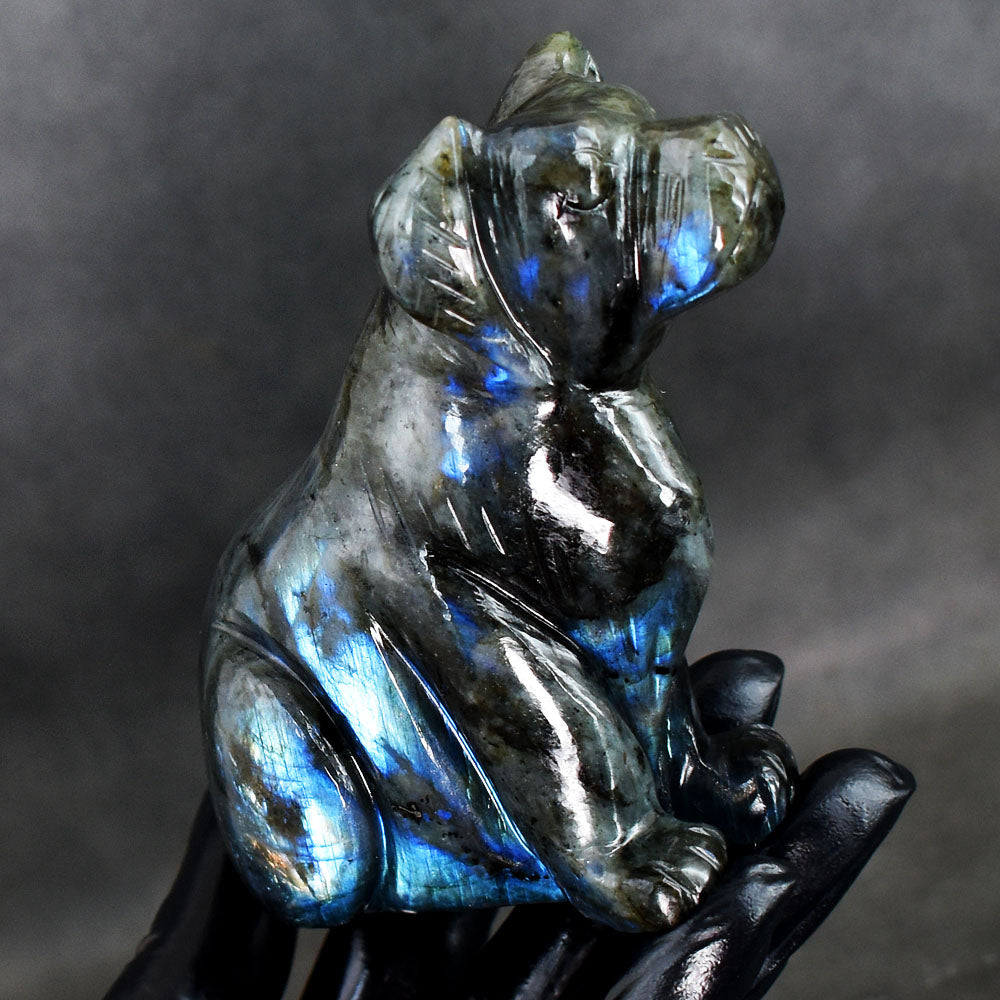 Genuine 1792.00 Cts Artisian Blue Flash Labradorite Crystal Hand Carved Dog Gemstone Carving