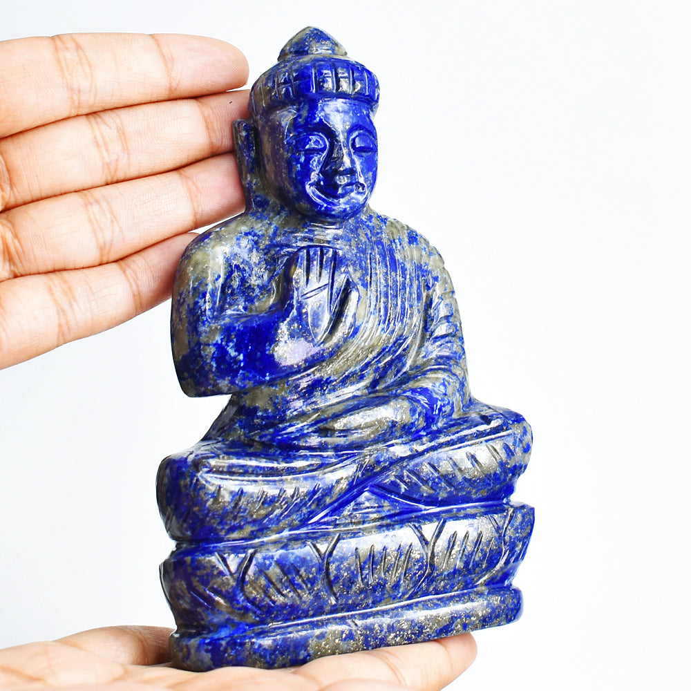 Exclusive 1963.00 Cts  Genuine Blue Lapis Lazuli Hand Carved Lord Buddha Gemstone Statue