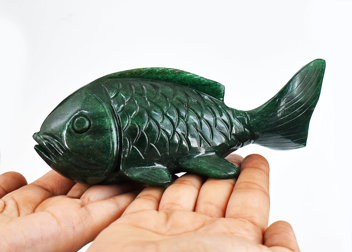 Stunning 2260.00 Cts Genuine Green Jade Hand Carved  Crystal Gemstone Carving Fish