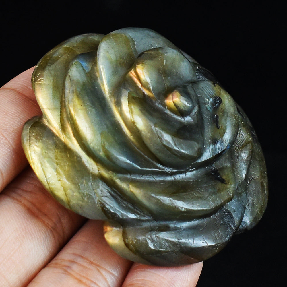 Artisian  273.00 Carats   Genuine  Golden Flash Labradorite Hand  Carved  Rose  Gemstone  Carving