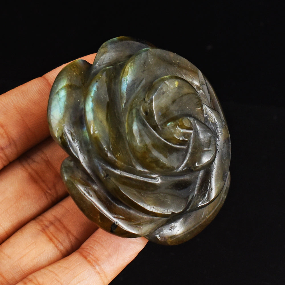 Genuine  Golden And  Blue Flash Labradorite 359.00  Carats  Hand  Carved  Gemstone Crystal  Rose Flower Carving
