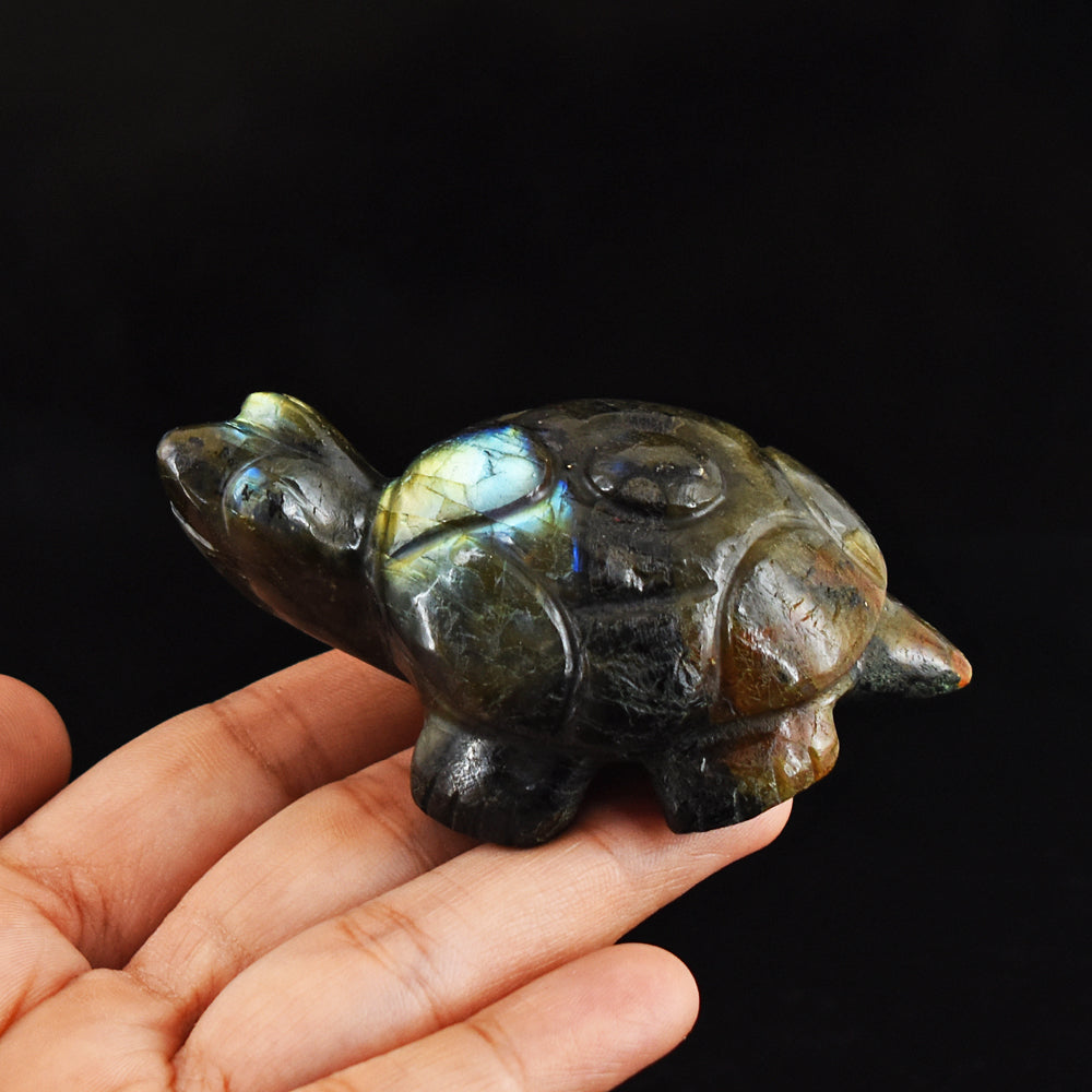 615.00 Carats  Genuine Golden &  Blue Flash Labradorite Hand Carved  Crystal  Gemstone Turtle Carving