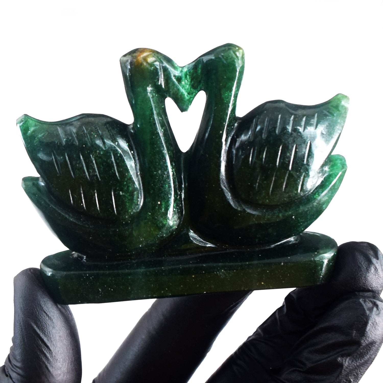 Decent 561.00 Cts Genuine Green Jade Hand Carved Premium Love Swan Pair