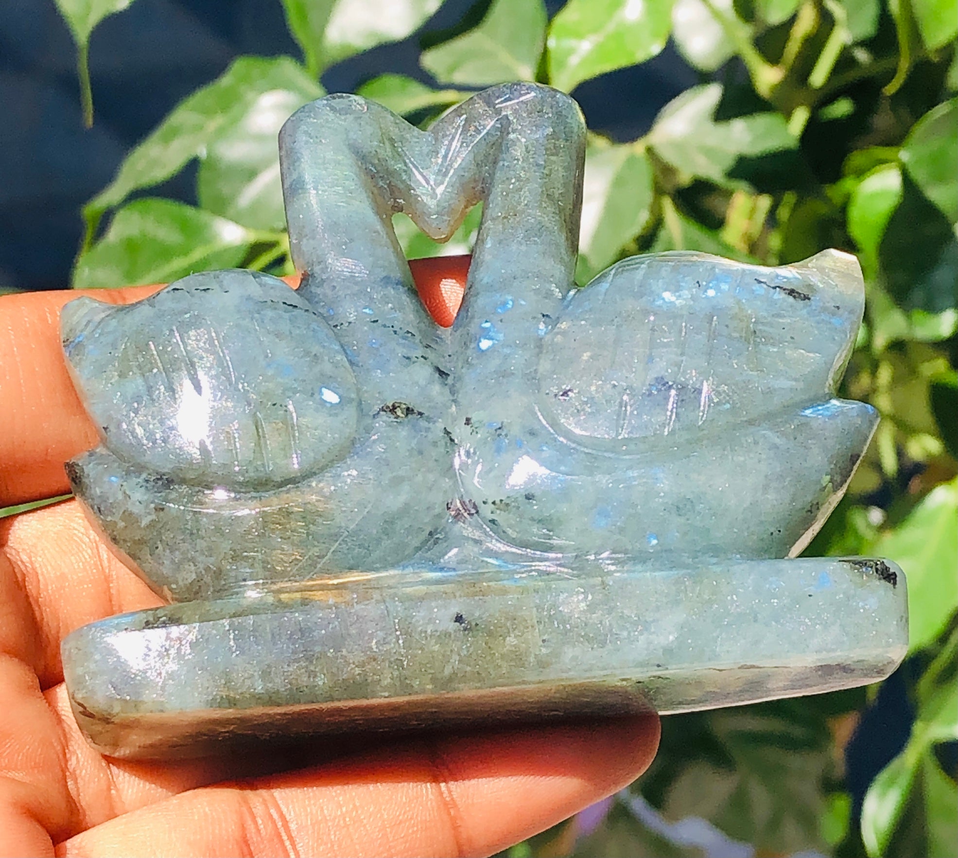 Beautiful 686.00 Cts Genuine Golden & Blue Flash Labradorite Carved Love Swan Pair Premium