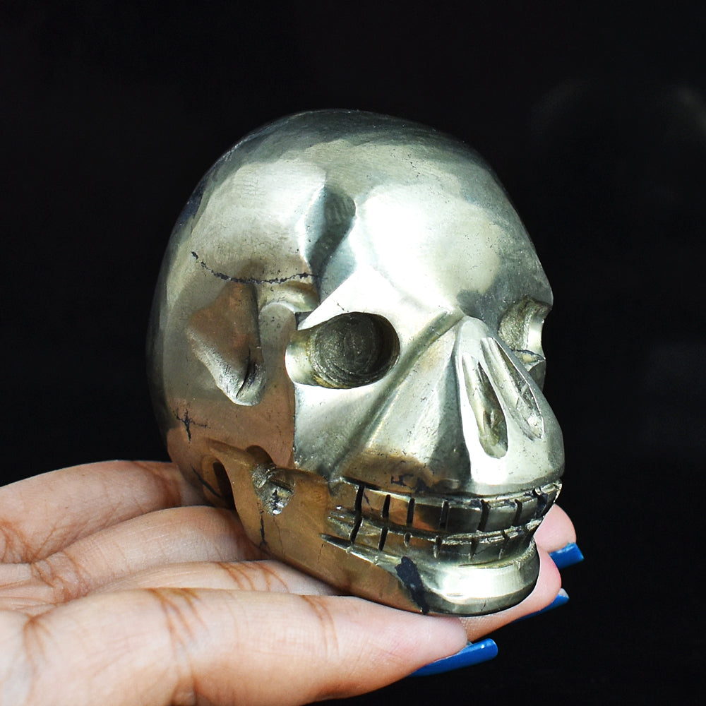 Amazing  1474.00 Carats  Genuine Golden  Pyrite  Hand Carved  Skull  Gemstone  Carving