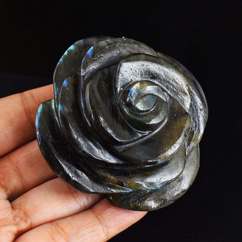 856.00 Carats Genuine Golden & Blue Flash Labradorite Hand Carved  Gemstone Crystal Rose Flower Carving