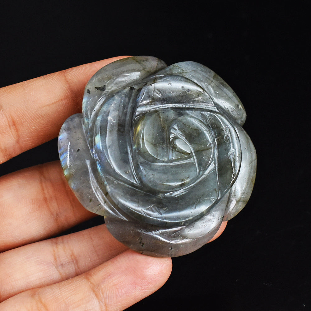 Blue  & Golden  Flash Labradorite  288.00 Carats  Genuine  Hand Carved  Gemstone  Rose Flower Carving