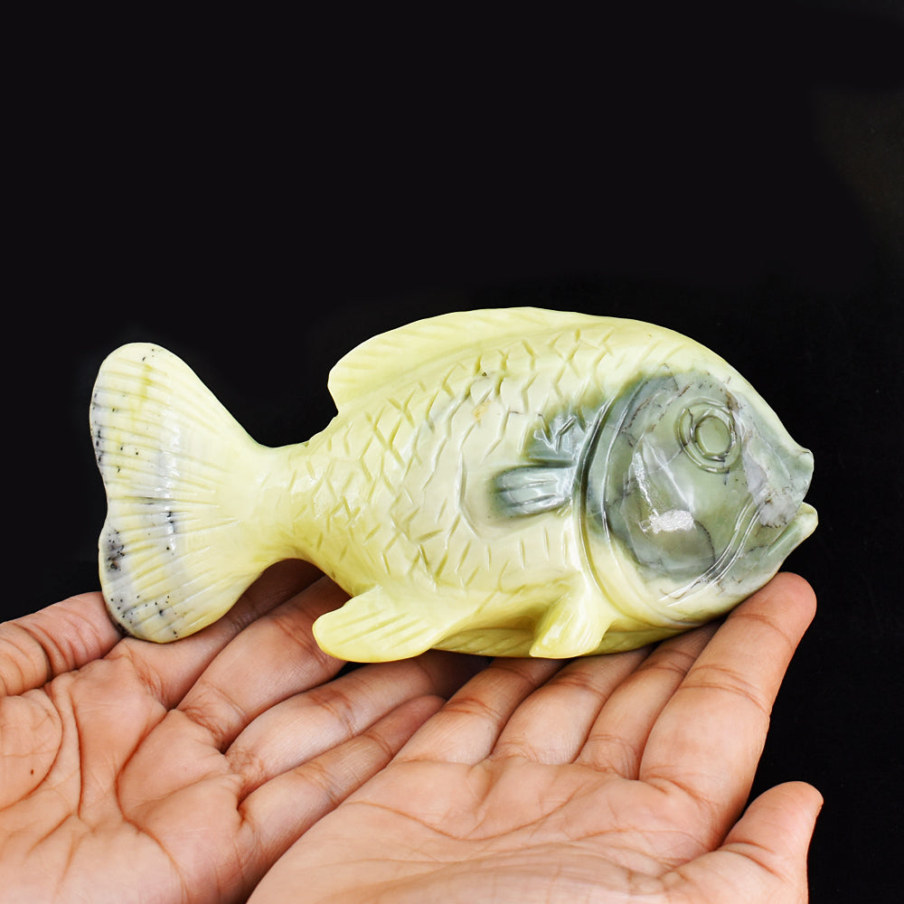 Awesome 2702.00  Cts Genuine Green Opal Hand Carved Crystal Gemstone Fish Carving