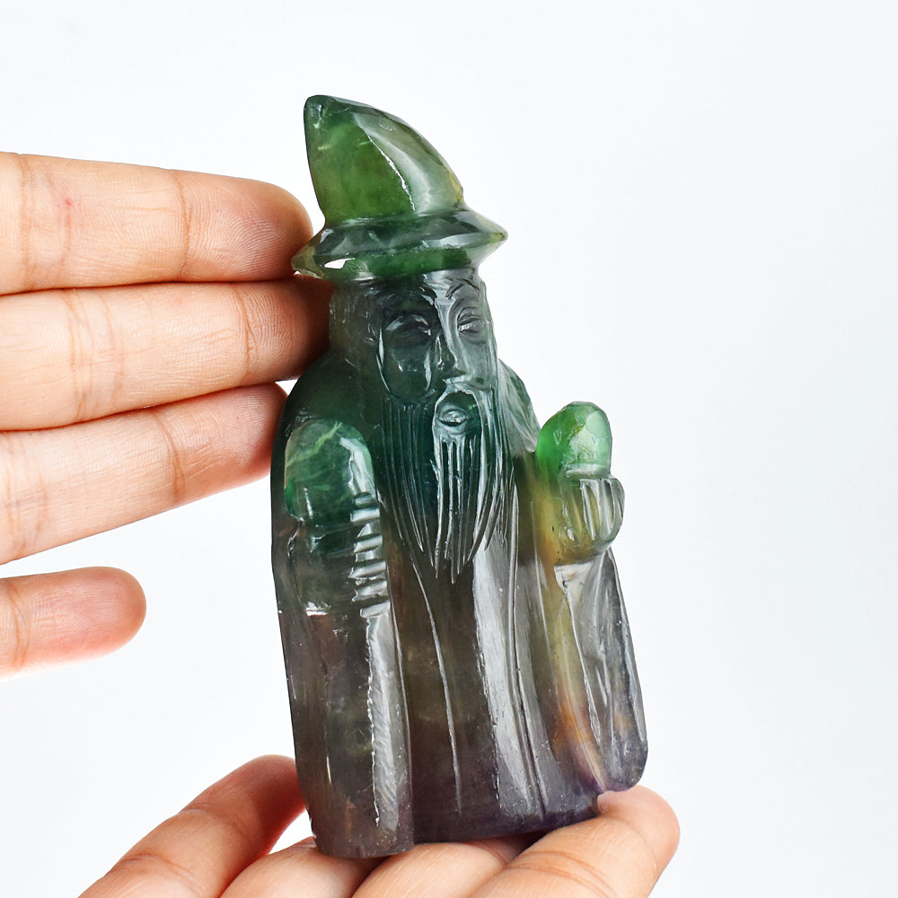 Exclusive 1332.00 Cts Carats Multicolor Fluorite Hand Carved Crystal Gemstone Wizard Carving