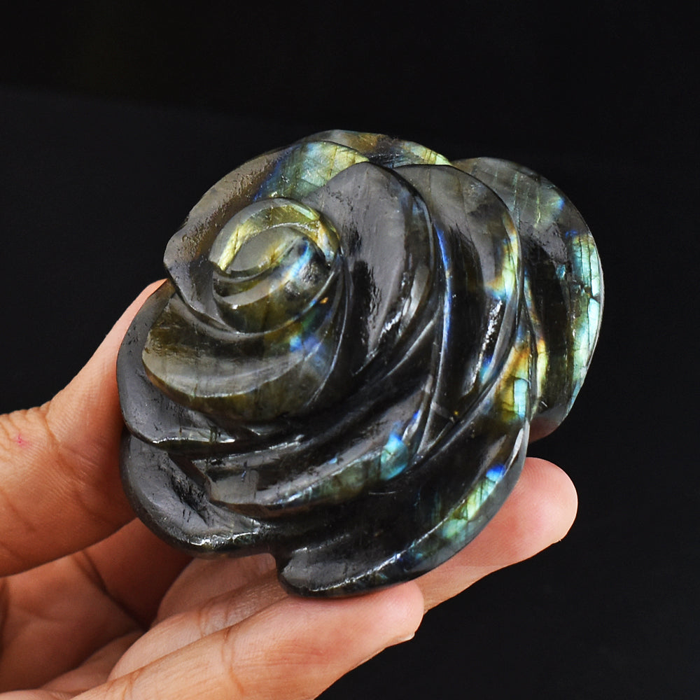 856.00 Carats Genuine Golden & Blue Flash Labradorite Hand Carved  Gemstone Crystal Rose Flower Carving