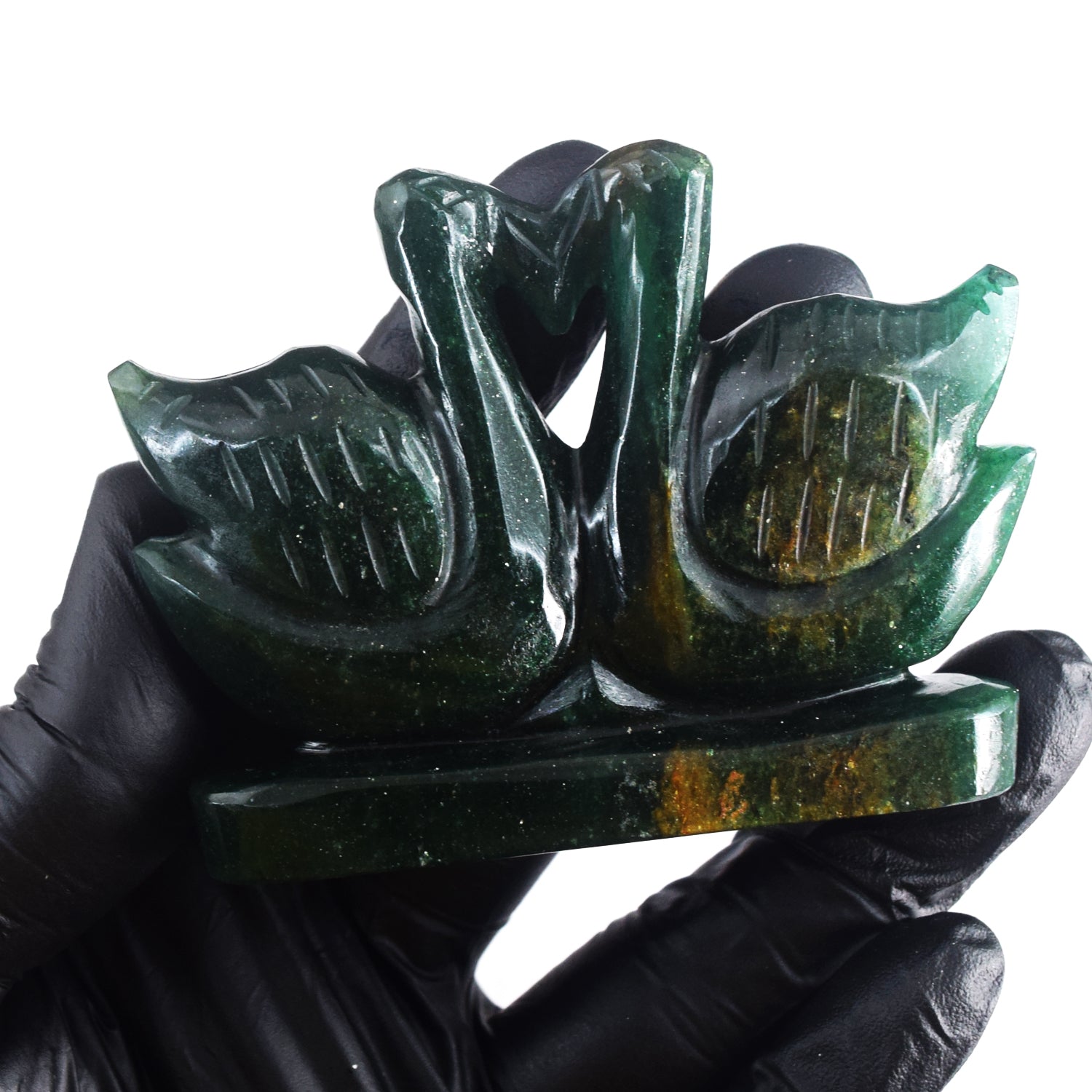 Decent 561.00 Cts Genuine Green Jade Hand Carved Premium Love Swan Pair
