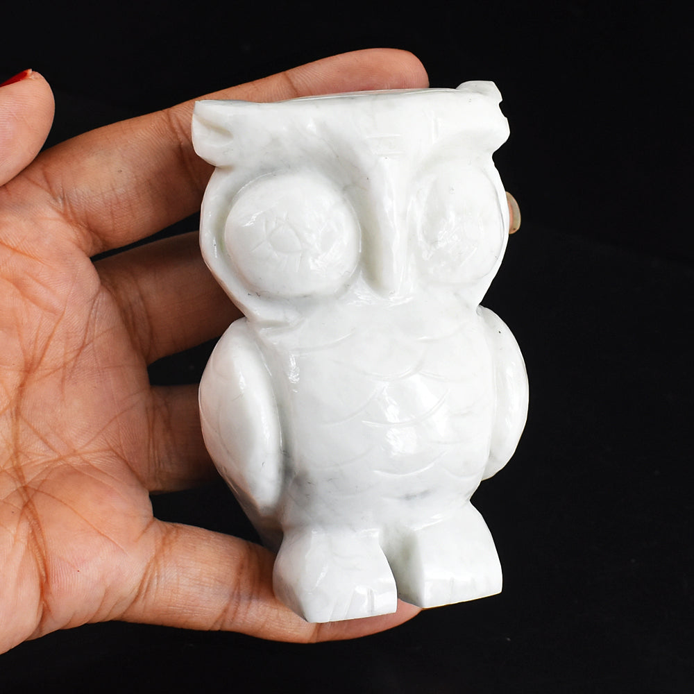 Artisian 1423.00 Cts Genuine Snow Agate  Hand Carved Crystal Gemstone Owl Carving