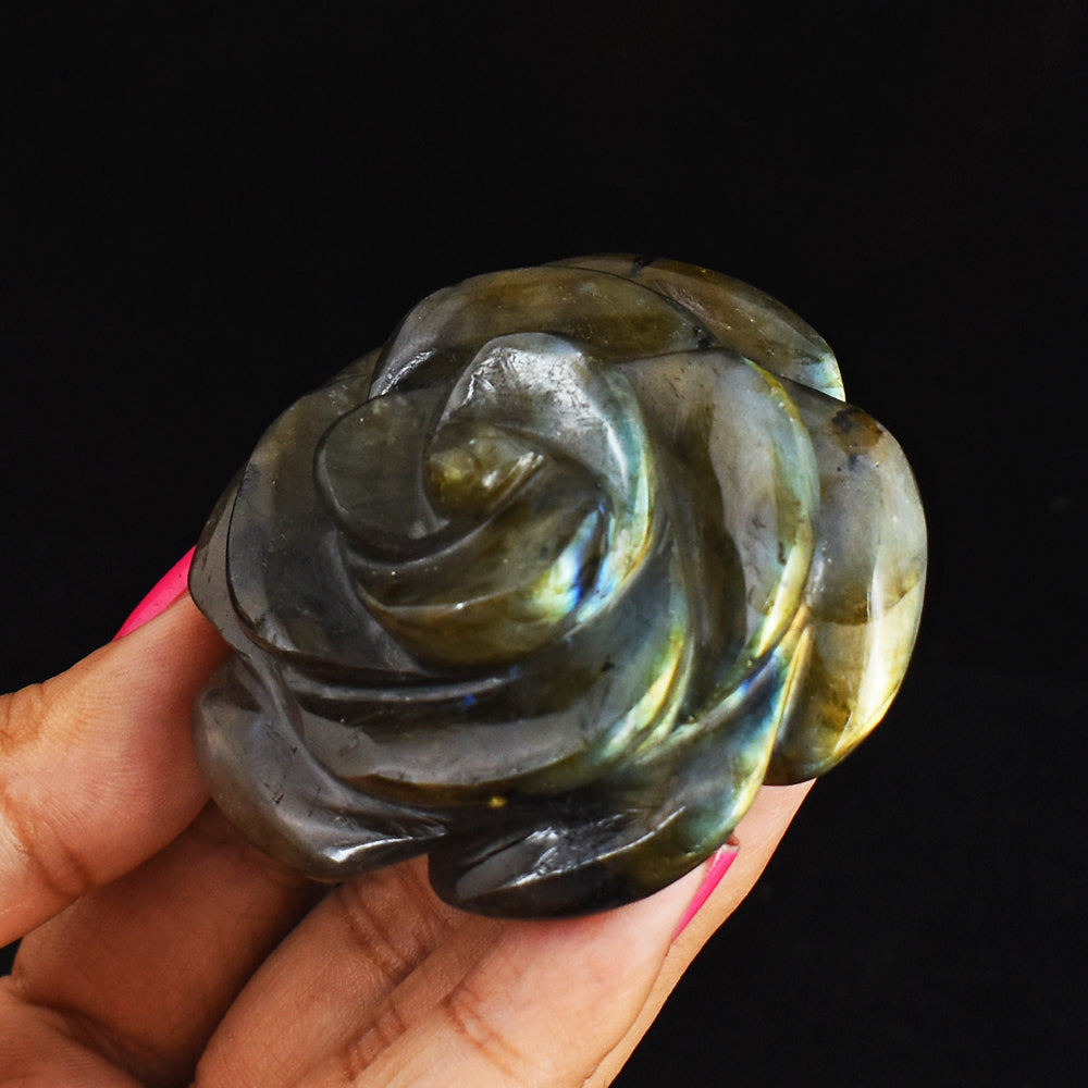 Genuine  Golden And  Blue Flash Labradorite 359.00  Carats  Hand  Carved  Gemstone Crystal  Rose Flower Carving