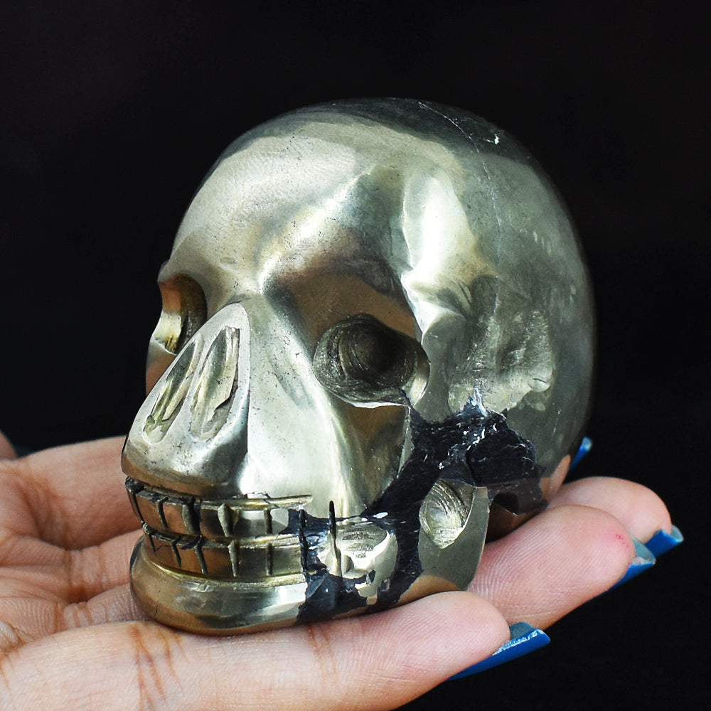 Amazing  1474.00 Carats  Genuine Golden  Pyrite  Hand Carved  Skull  Gemstone  Carving