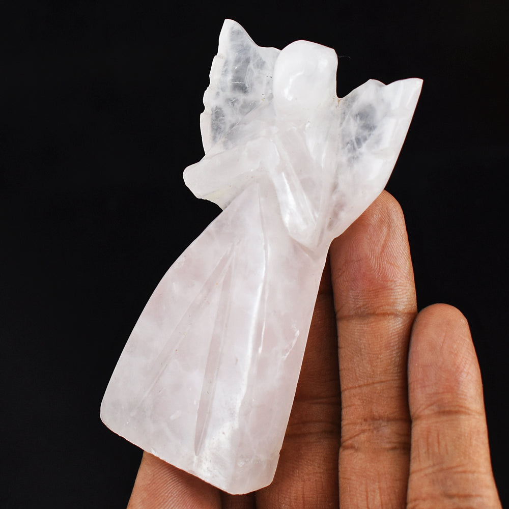 Natural 377.00 Carats Genuine Pink Rose Quartz Hand Carved Healing Praying Angel Gemstone Carving