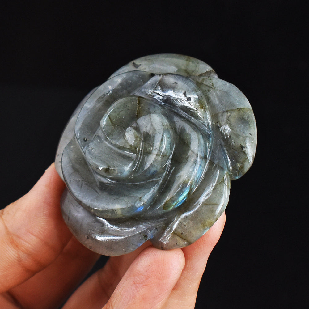 Blue  & Golden  Flash Labradorite  288.00 Carats  Genuine  Hand Carved  Gemstone  Rose Flower Carving