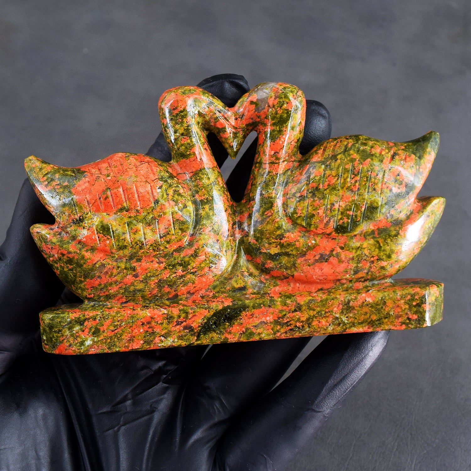 Morbid 1054.00 Cts Genuine Blood Green Unakite Carved Love Swan Pair Premium