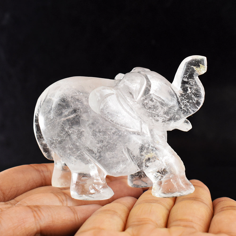 Genuine  799.00  Cts  Exclusive  White Quartz  Hand Carved  Crystal Gemstone Carving Elephant