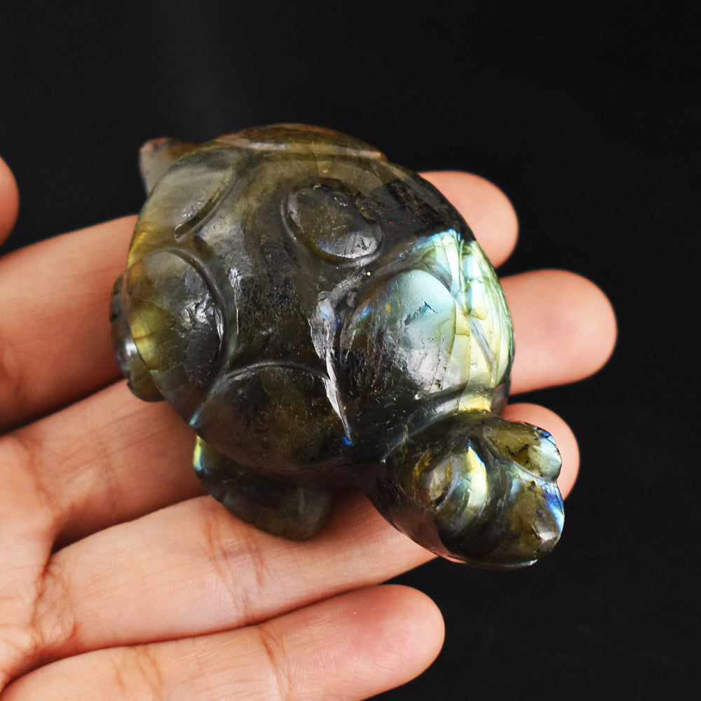 615.00 Carats  Genuine Golden &  Blue Flash Labradorite Hand Carved  Crystal  Gemstone Turtle Carving