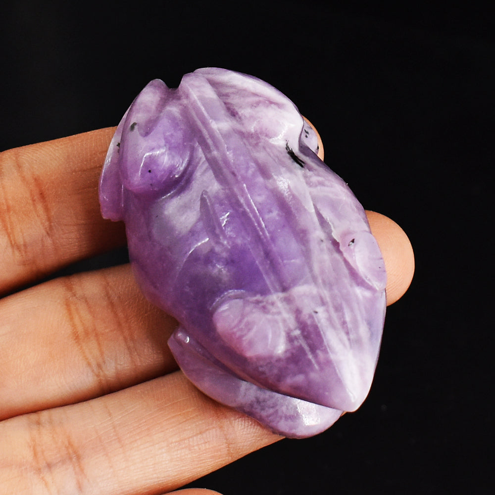 Artisian  373.00 Carats  Genuine  Lepidolite  Hand  Carved Crystal Gemstone  Carving Frog