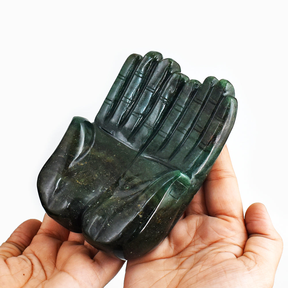 Exclusive 3430.00 Cts Genuine Green Jade Hand Carved Crystal Gemstone Carving Praying Hand