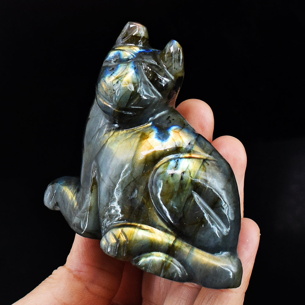 Gorgeous 900.00 Cts Genuine Golden Flash Labradorite Hand Carved Crystal Cat Gemstone Carving