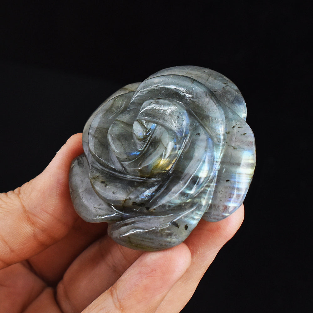 Blue  & Golden  Flash Labradorite  288.00 Carats  Genuine  Hand Carved  Gemstone  Rose Flower Carving