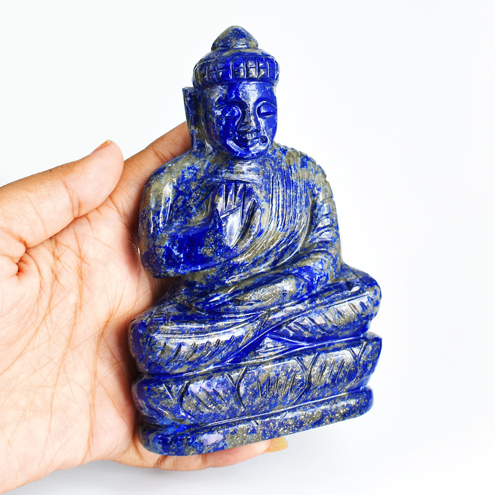 Exclusive 1963.00 Cts  Genuine Blue Lapis Lazuli Hand Carved Lord Buddha Gemstone Statue