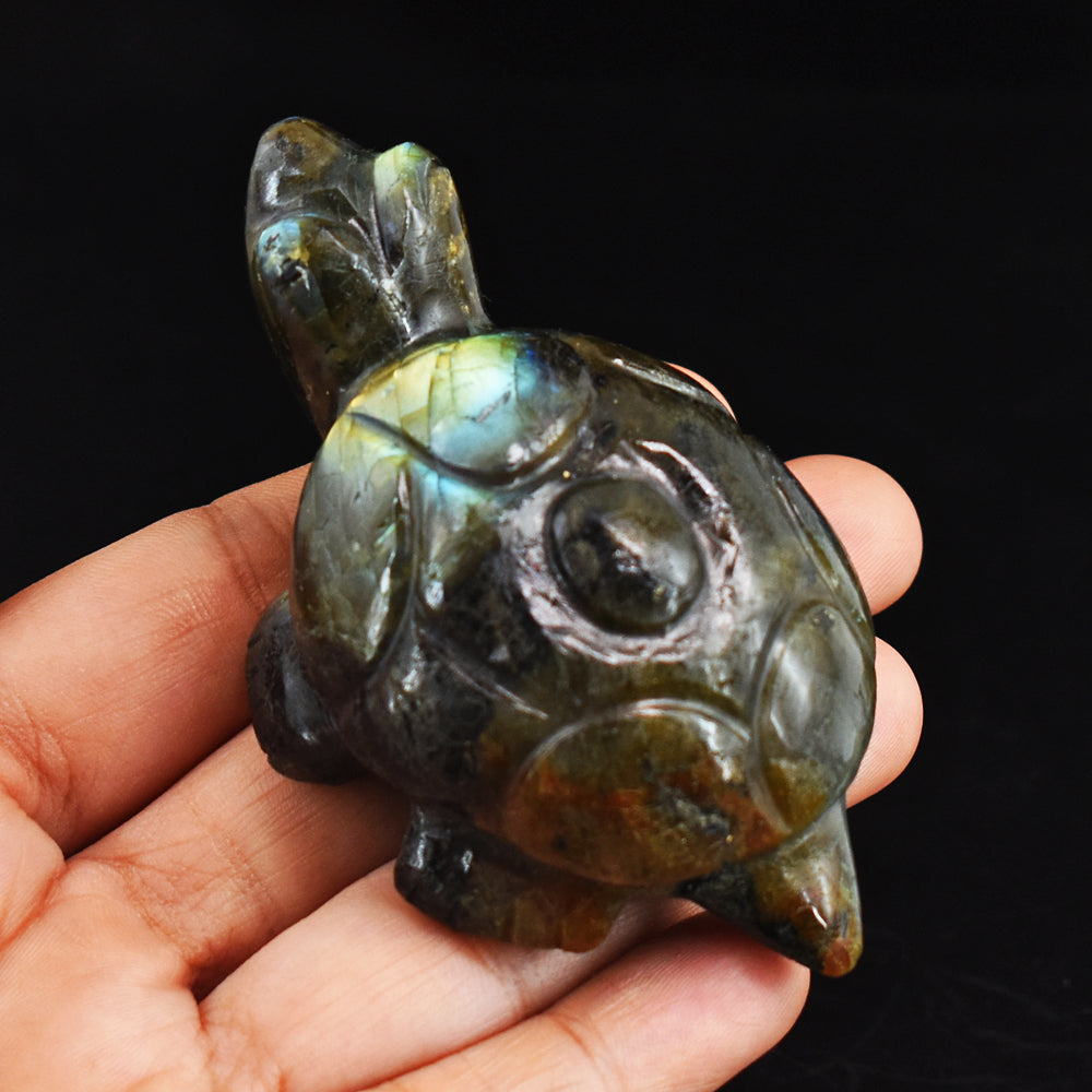 615.00 Carats  Genuine Golden &  Blue Flash Labradorite Hand Carved  Crystal  Gemstone Turtle Carving