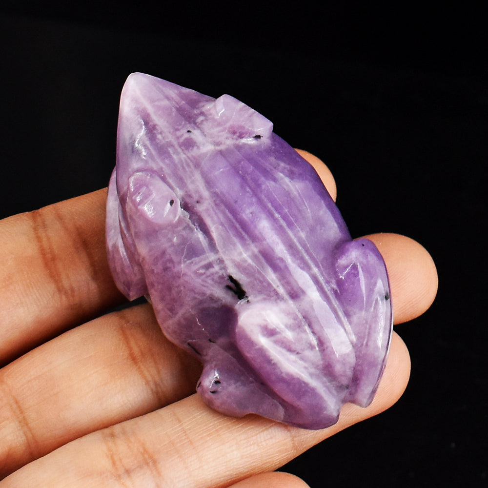 Artisian  373.00 Carats  Genuine  Lepidolite  Hand  Carved Crystal Gemstone  Carving Frog