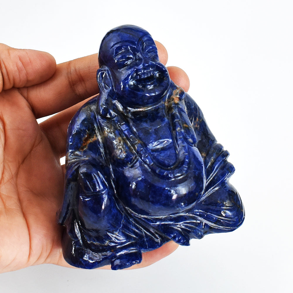 Awesome 2080.00 Cts Genuine Sodalite Hand Carved Crystal Gemstone Carving Laughing Buddha