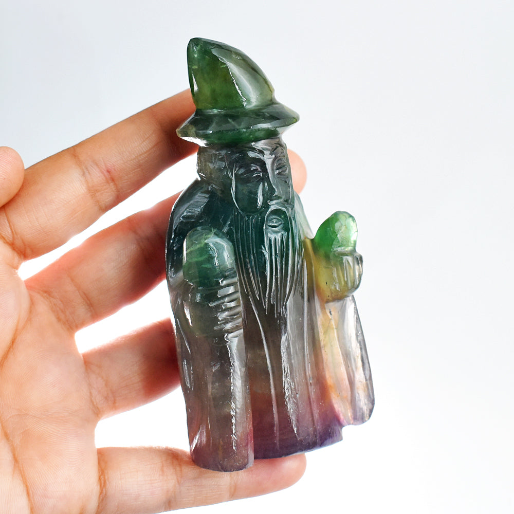 Exclusive 1332.00 Cts Carats Multicolor Fluorite Hand Carved Crystal Gemstone Wizard Carving