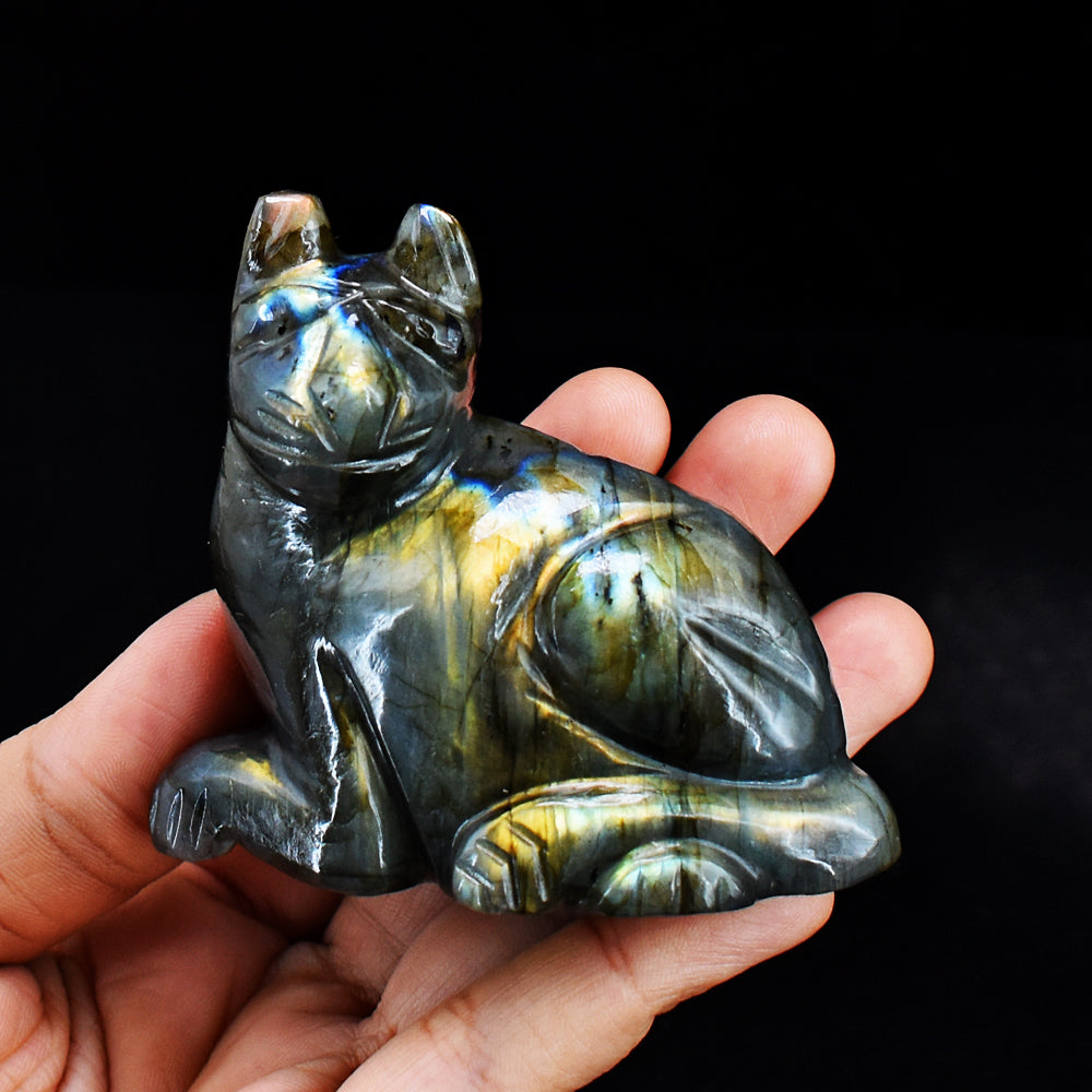 Gorgeous 900.00 Cts Genuine Golden Flash Labradorite Hand Carved Crystal Cat Gemstone Carving