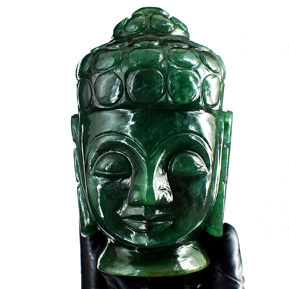 Excellent 2057.00 Cts Genuine Green Jade Hand Carved Crystal Gemstone Buddha Head Carving