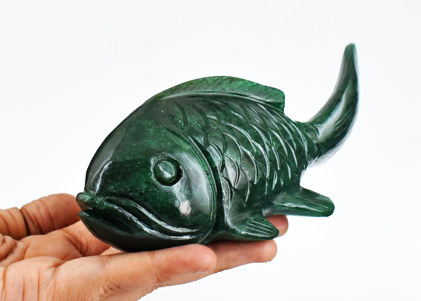 Stunning 2260.00 Cts Genuine Green Jade Hand Carved  Crystal Gemstone Carving Fish