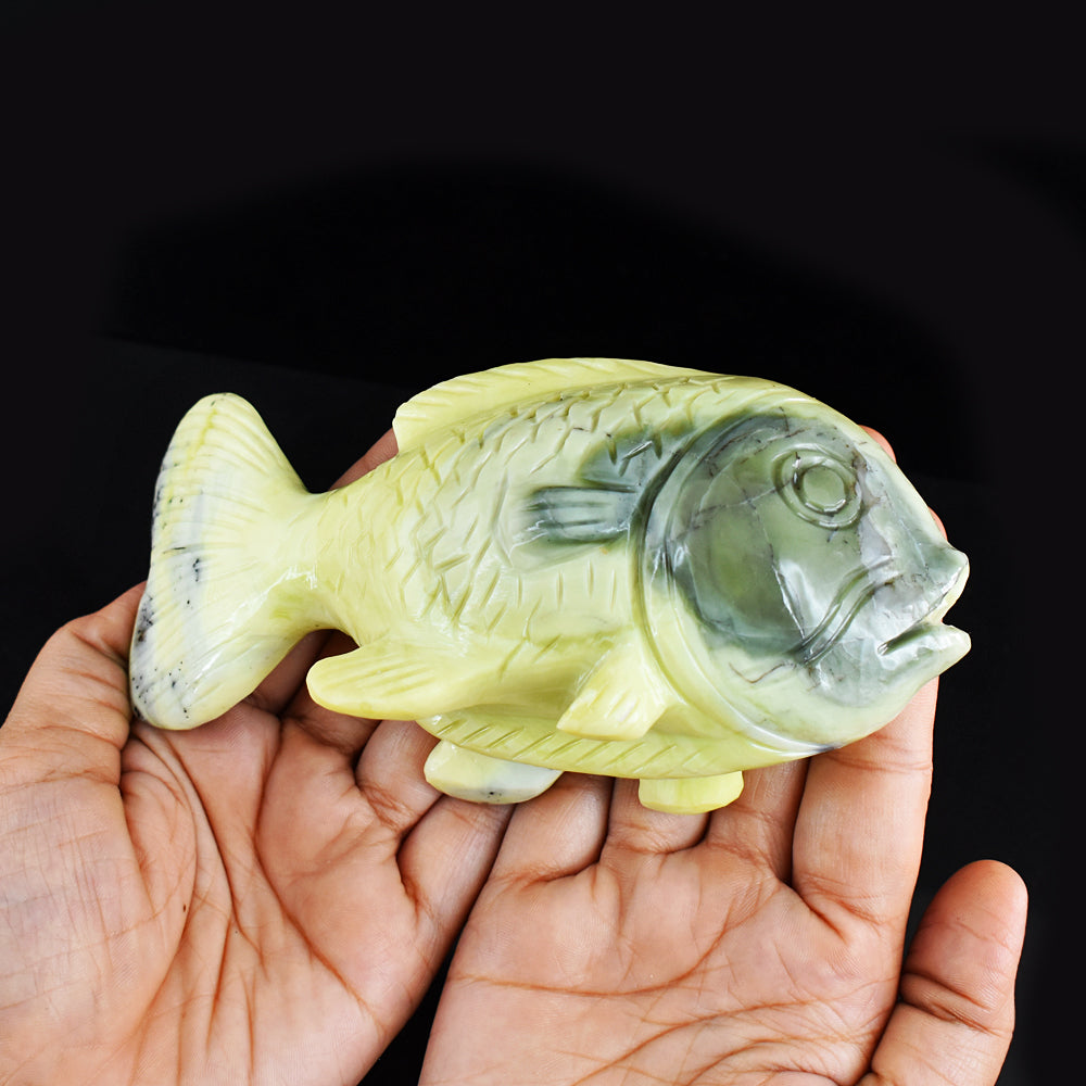 Awesome 2702.00  Cts Genuine Green Opal Hand Carved Crystal Gemstone Fish Carving