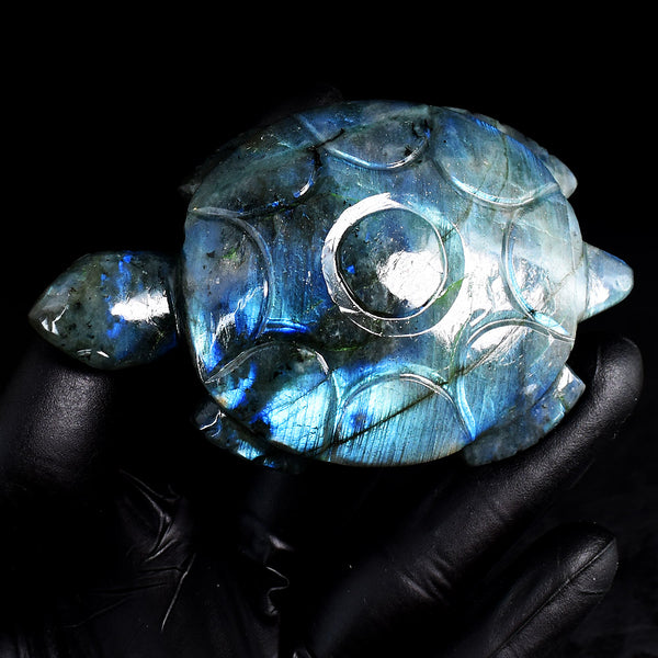 Beautiful 624.00 carats Genuine Blue Flash Labradorite Hand Carved Gemstone Crystal Turtle Carving