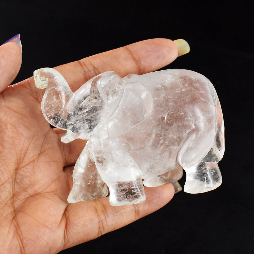 Genuine  799.00  Cts  Exclusive  White Quartz  Hand Carved  Crystal Gemstone Carving Elephant