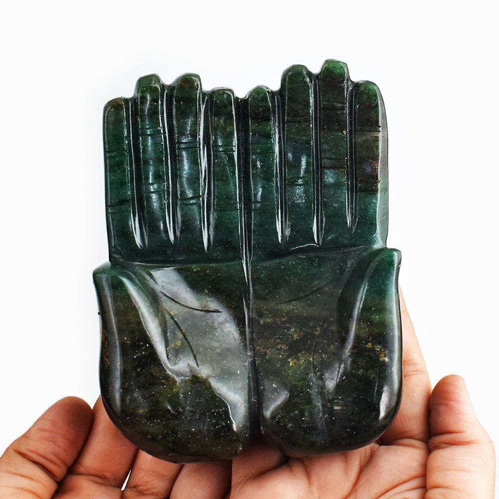 Exclusive 3430.00 Cts Genuine Green Jade Hand Carved Crystal Gemstone Carving Praying Hand