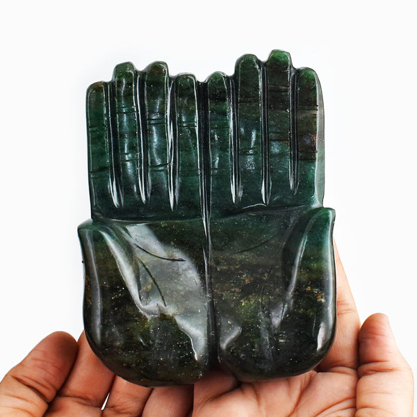 Exclusive 3430.00 Cts Genuine Green Jade Hand Carved Crystal Gemstone Carving Praying Hand