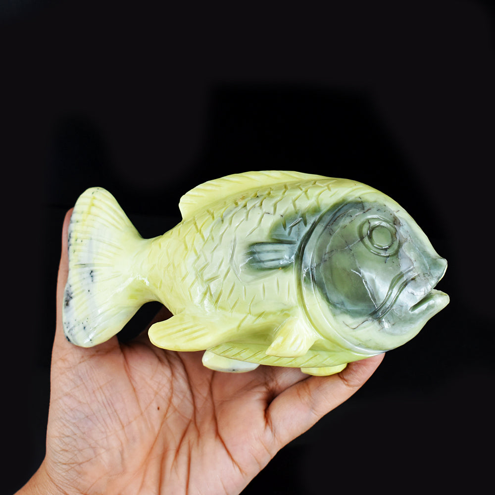 Awesome 2702.00  Cts Genuine Green Opal Hand Carved Crystal Gemstone Fish Carving