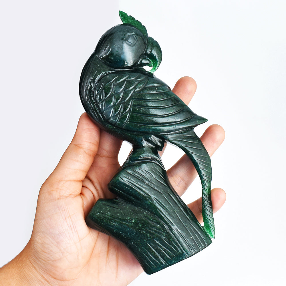 Designed 2170.00 Carats Genuine Green Jade Hand Carved Crystal Parrot Gemstone  Carving