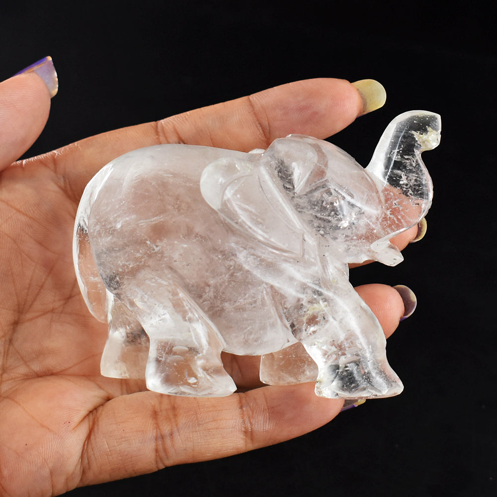 Genuine  799.00  Cts  Exclusive  White Quartz  Hand Carved  Crystal Gemstone Carving Elephant