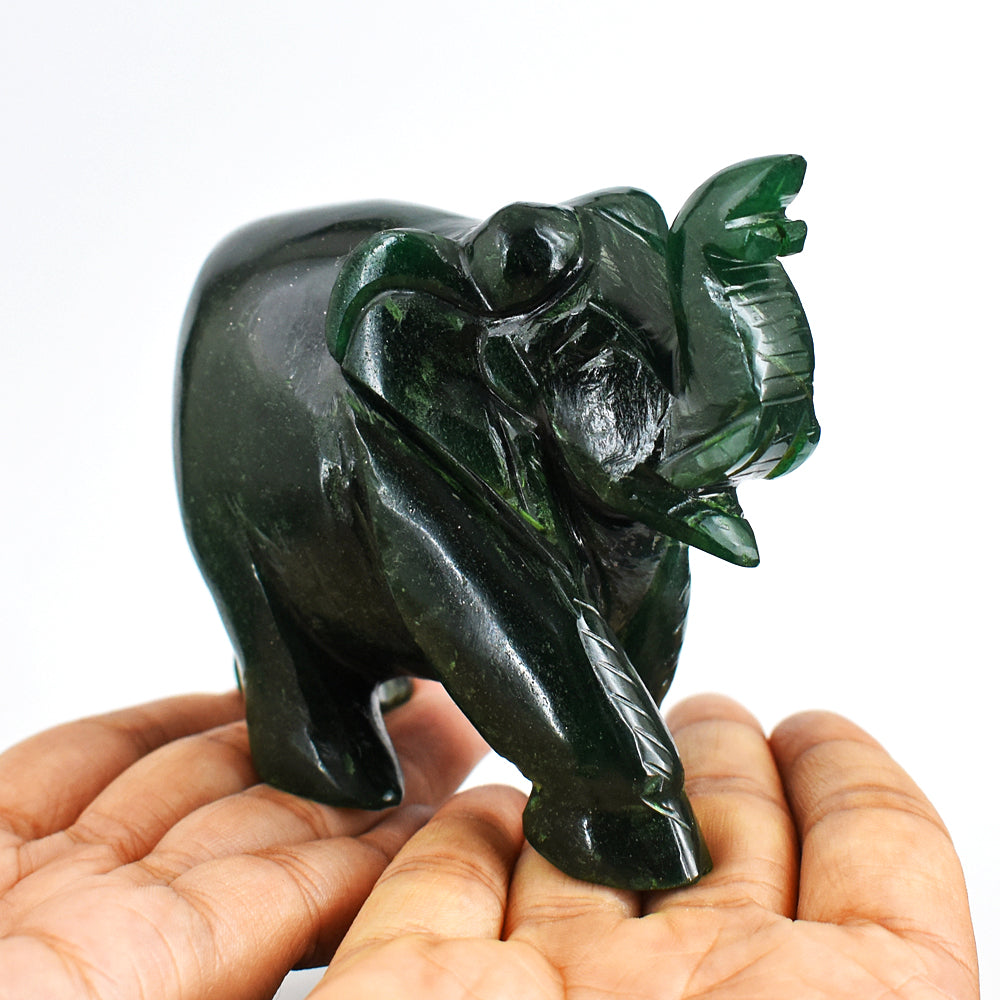 Craftsmen 1650.00 Cts Genuine Green Jade Hand Carved Crystal Gemstone Elephant Carving
