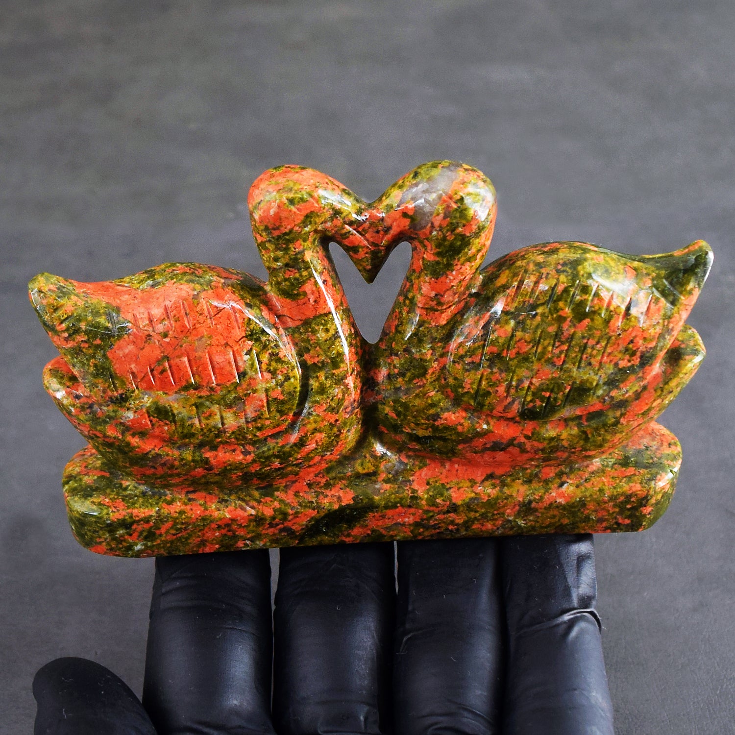 Morbid 1054.00 Cts Genuine Blood Green Unakite Carved Love Swan Pair Premium